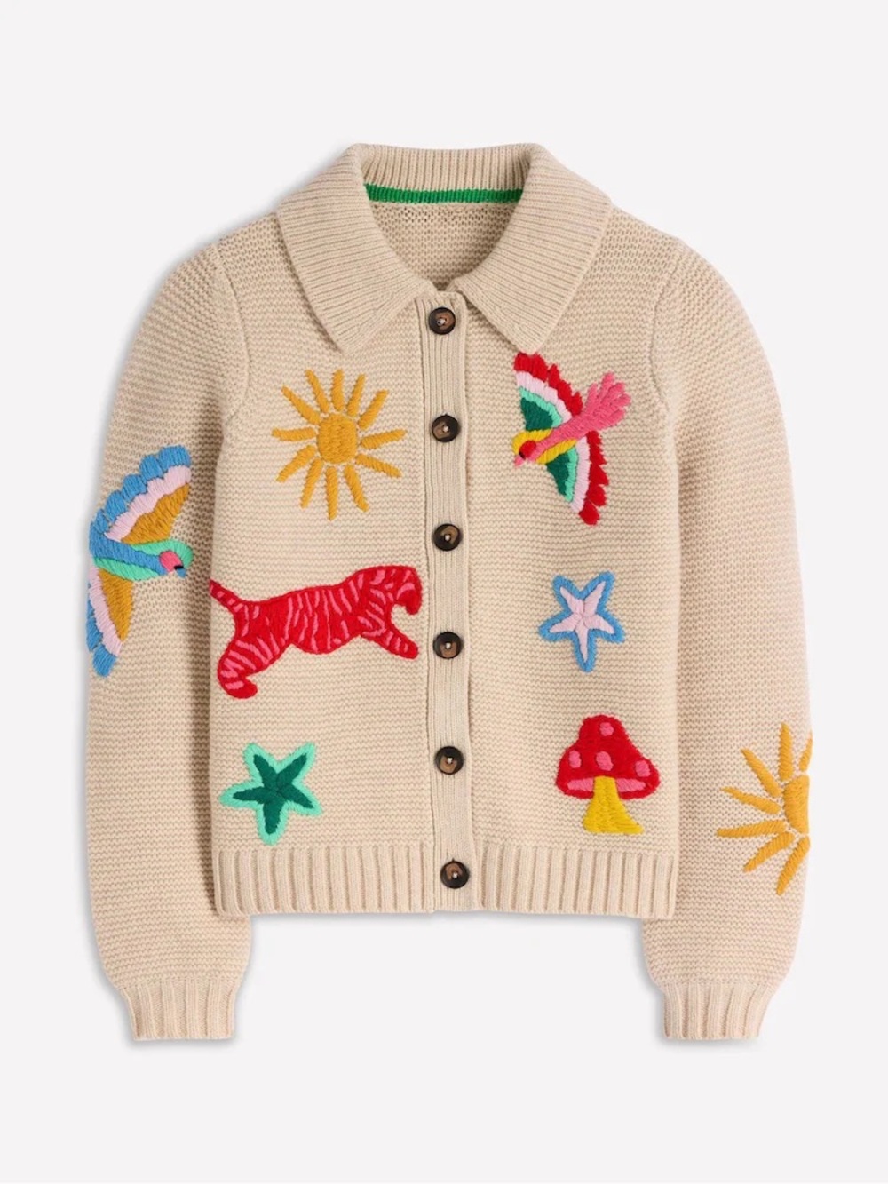 Boden Cream Motif Collared Cardigan